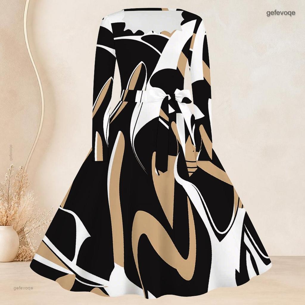 Women Plus Size Scalloped Square Neck Long Sleeve Printed Tie Waist A Line Dress
