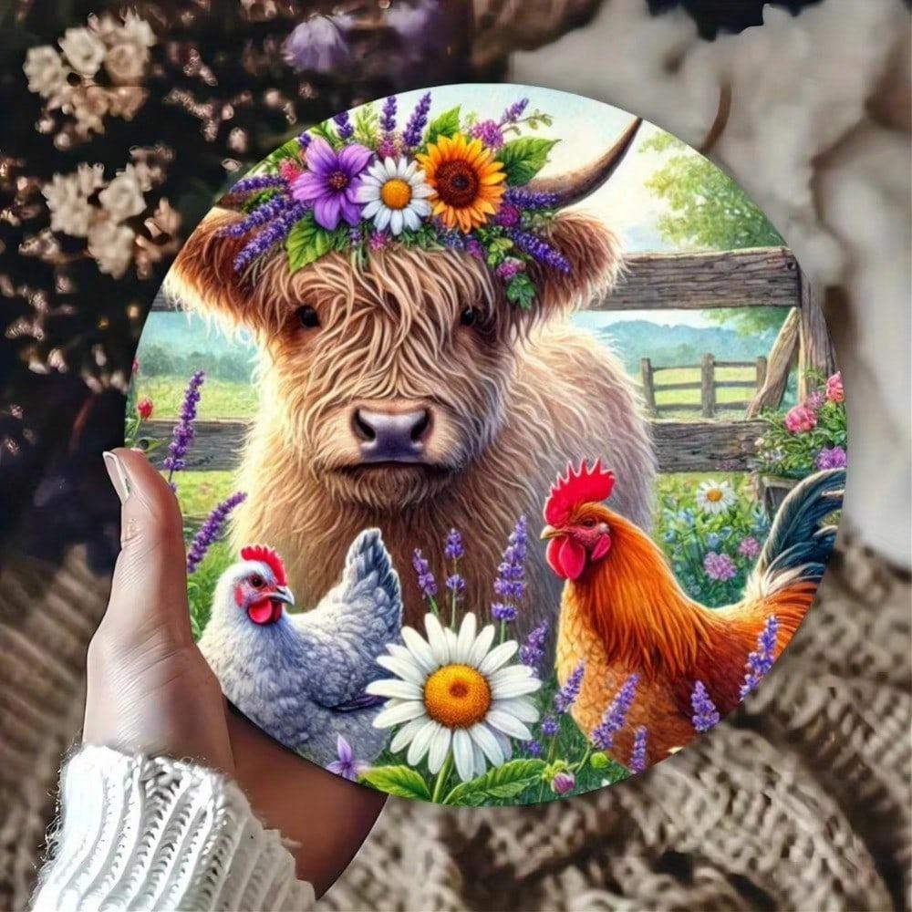 Highland Cow Chicken Metal Wall Art Waterproof Rustproof Home Room Decor