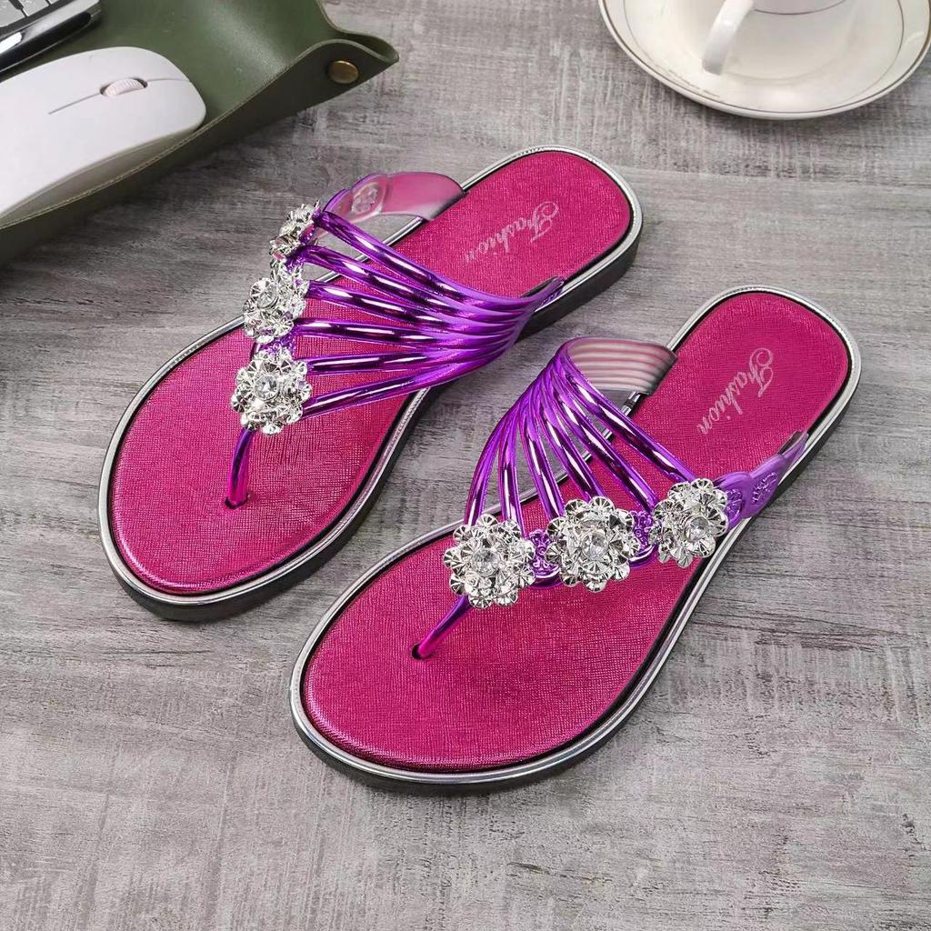 Damen Strass-Blumen Flip-Flop Sandalen - Lässige Sommer Strand Zehentrenner