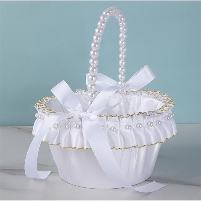 Elegant White And Gold Wedding Decorative Basket For Bridal Ceremonies Parties Decors Durable Fabric Storage Container