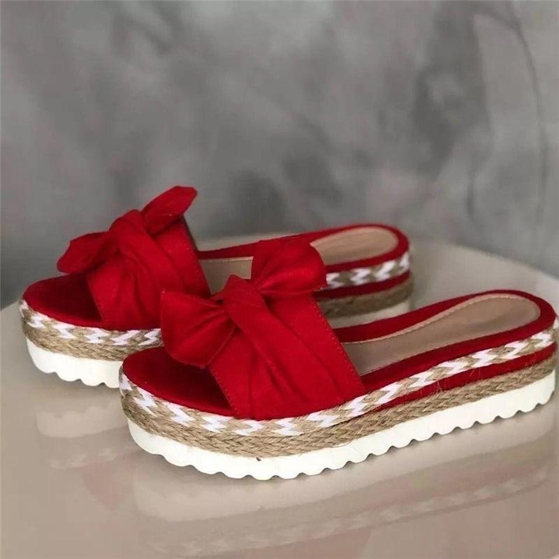 European And American Ladies Summer New Style Wedge-heeled Bow Sandals And Slippers Women's Beach Thick-soled Hemp Rope Large Size Slippers