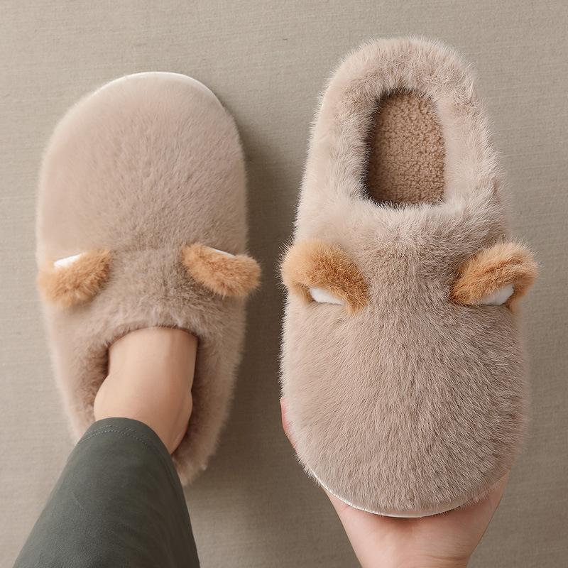 Cute cotton slippers women's season couple three-dimensional ears men's plush warm home household fluffy slippers men