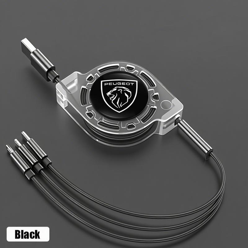 

2026 Hot Car Sticker Car Interior Phone Charging Cable 3 In 1 Retractable Data For Peugeot 206 307 308 3008 207 208 407 4008 408 чёрный
