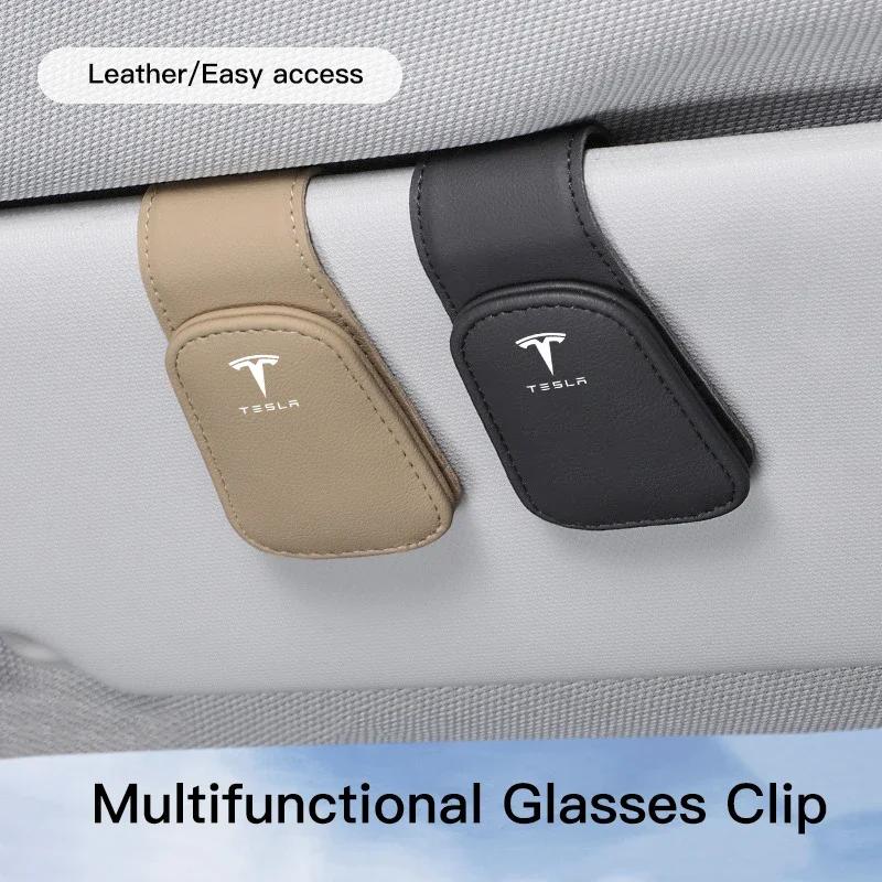 Car Sticker Tesla Leather Car Glasses Sun Visor Box Auto Sunglasses Clip Card For Tesla Model 3 Y S X Cybertruck Highland Coil J