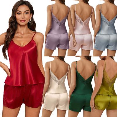 Pigiama Set Raso di Seta Sintetica Donna Scollo a V Tute da Notte Cuciture in Pizzo Due Pezzi Top e Pantaloncini Indumenti da Notte