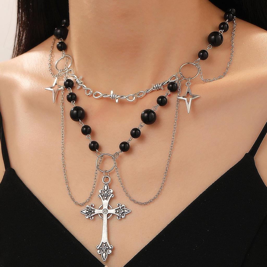 Women's Geometric Diamond Cross Necklace - European & American Punk Hip-Hop Style Choker