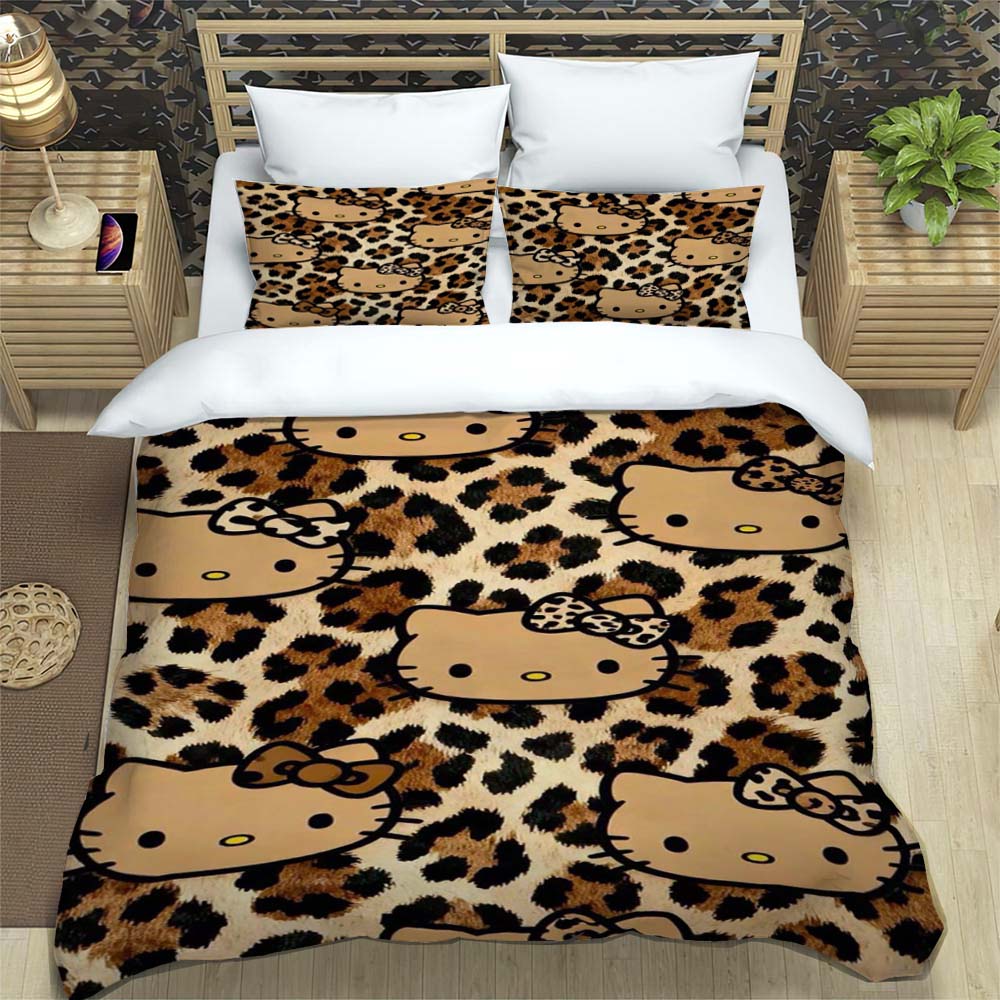 3D Printed Cartoon Leopard Print Hello Kitty Duvet Cover and Pillowcase Set - Home Decor, Creative Plus Size Bedding Set, 01