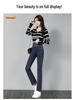 Women's Slim Fit Dark Blue High-Waisted Straight Leg Jeans - Elastic, Versatile Cigarette Pants for Spring 2024.