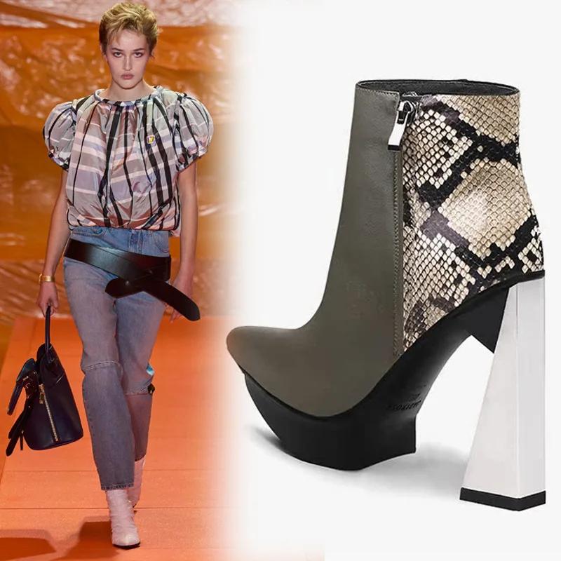 Fashion Brand Runway Style Mixed Color Banquet Cowhide Short Boots Sexy Pointed Waterproof Platform Irregular High Heels Ankle Boots
