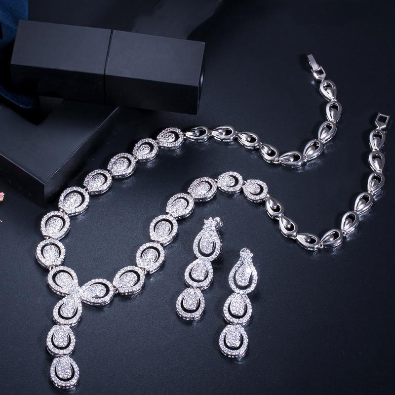 T0136 High-End Micro-Inlaid Zircon Long Earrings Necklace Two-Piece Wedding Banquet Accessories