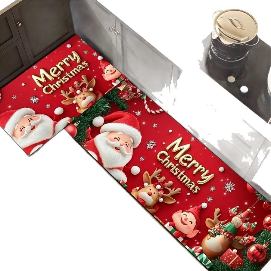 Christmas Santa Kitchen Mat Set, 2-PC Absorbent Non-Slip Floor Rugs for Holiday Decor