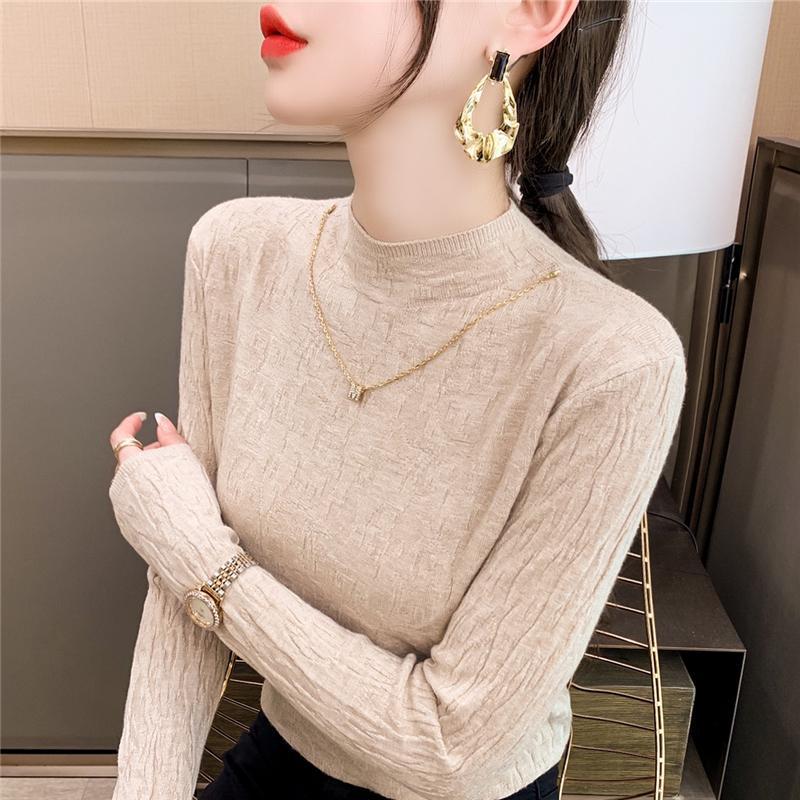 Half High Collar Textured Base Shirt Mid Neck Wrinkled Top Women's Early Autumn Long Sleeved Sweater