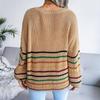 Loose Rainbow Striped Women Sweater V Neck Long Sleeve Fall Winter S-L
