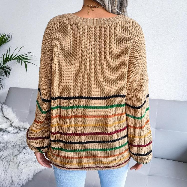 Loose Rainbow Striped Women Sweater V Neck Long Sleeve Fall Winter S-L