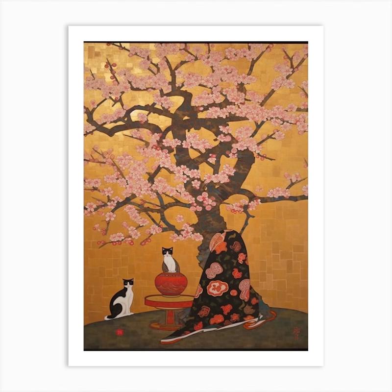 Vintage Bouquet Flower Lotus Lilies With A Cat Art Nouveau Klimt Style Art Print Poster Canvas Painting Wall Picture Room Decor