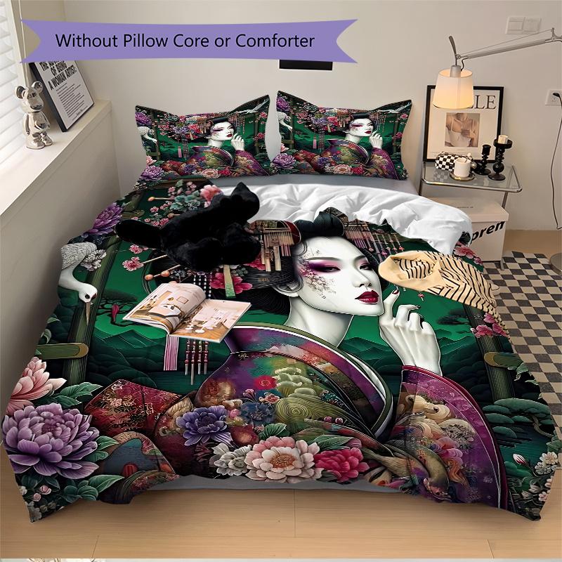 3pcs Anime Geisha Comforter Set with One Quilt Cover and Two Pillowcases (No Core) - Home Decor, Festival Gift, Polyester Fabric, Anime Cartoon Design