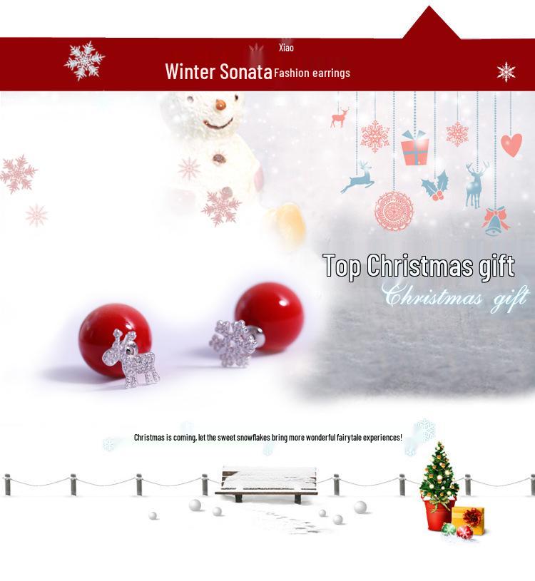 Christmas Reindeer Snowflake Red Pearl 925 Sterling Silver Stud Earrings