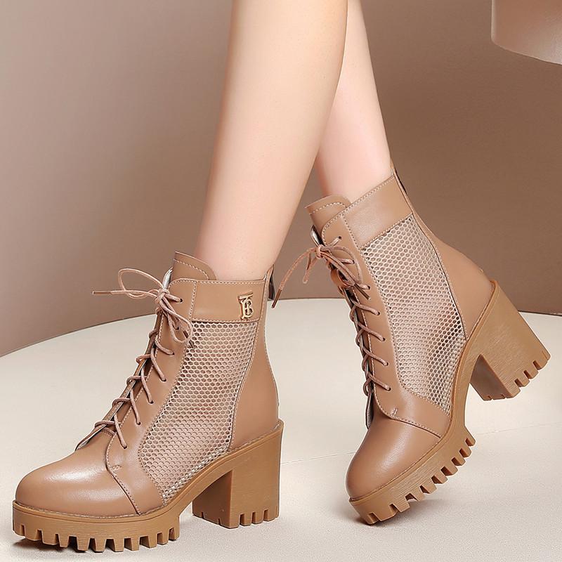 

Жіночі туфлі на високих підборах із застібкою та шнурівкою, протиковзкі туфлі на товстому каблуці, товстий низ, одноколірні зручні короткі черевики Botas Para Mujer 40 верблюд