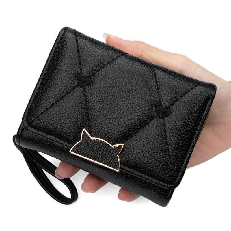 Pu Leather Short Wallet With Cat Buckle Heart Embroidery For Teen Girls Daily Use Casual Shopping