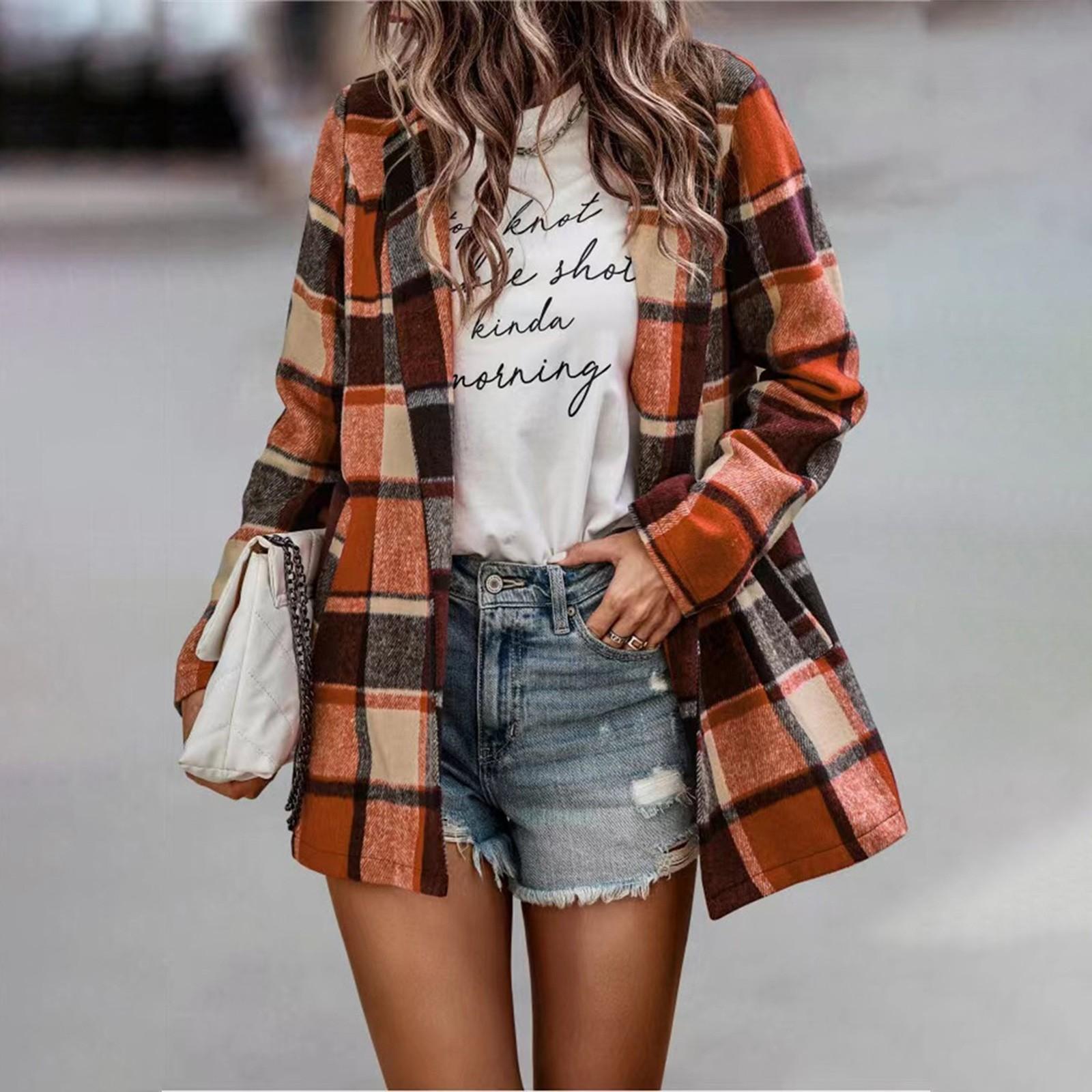 

Women s And Winter Mid-Length Lapel Cardigan Single-Breasted Pocket Plaid Shirt Top L оранжевый