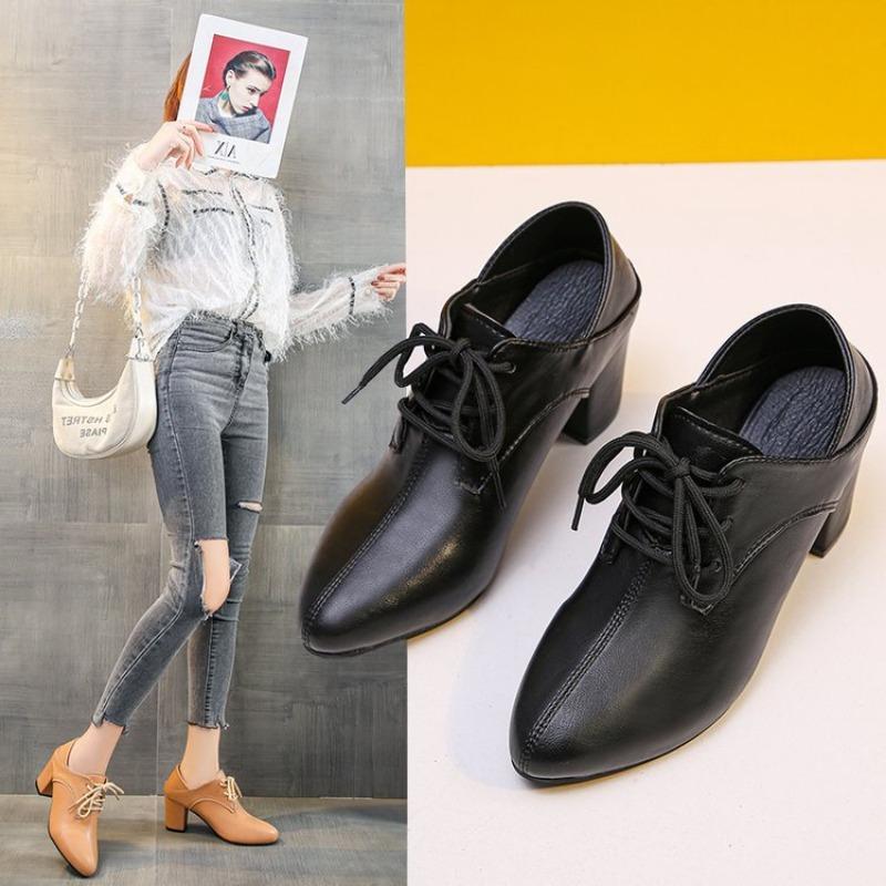 Spring/Summer New Pointed Small Leather Shoes For Women, Retro, Thick Heel, Lace Up, Large Single Shoes For Women
