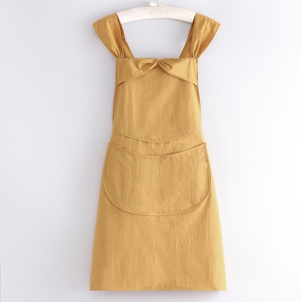 Solid Color Women Apron Large Pockets Adjustable Bow Strap Kitchen Apron Long Length Anti-Stain Anti-Stain Apron For Cooking