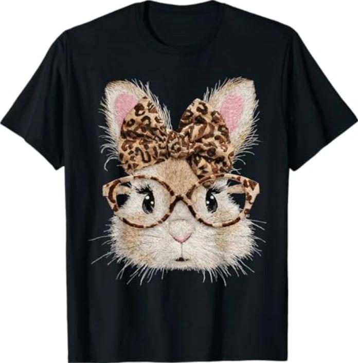 Cute Bunny Rabbit Face Leopard Coquette Bow Glasses Easter Tshirt S