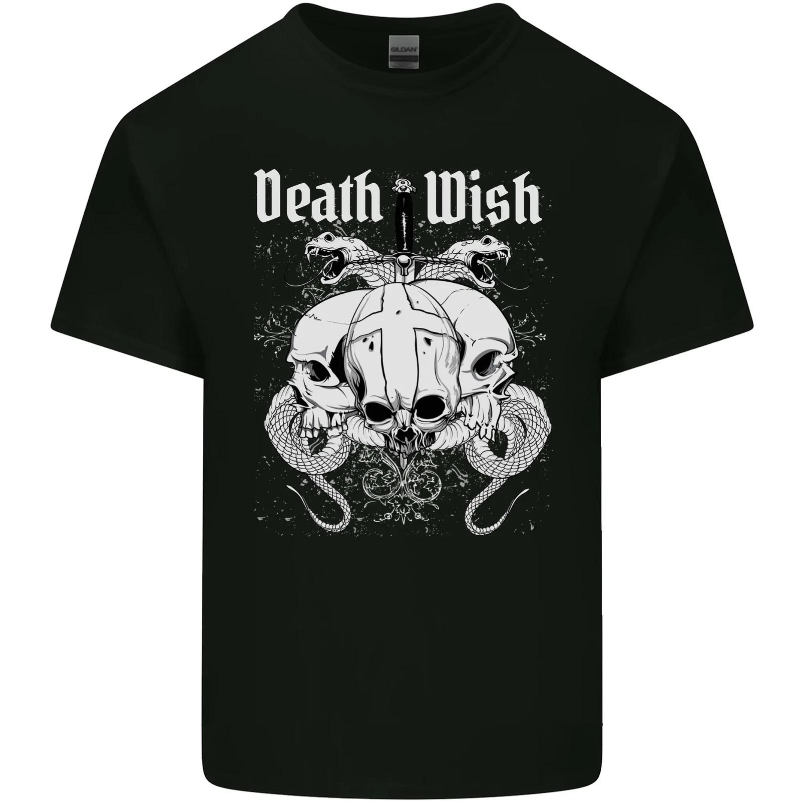 Death Wish Skulls Snakes Biker Gothic Demon Kids T-Shirt Childrens M