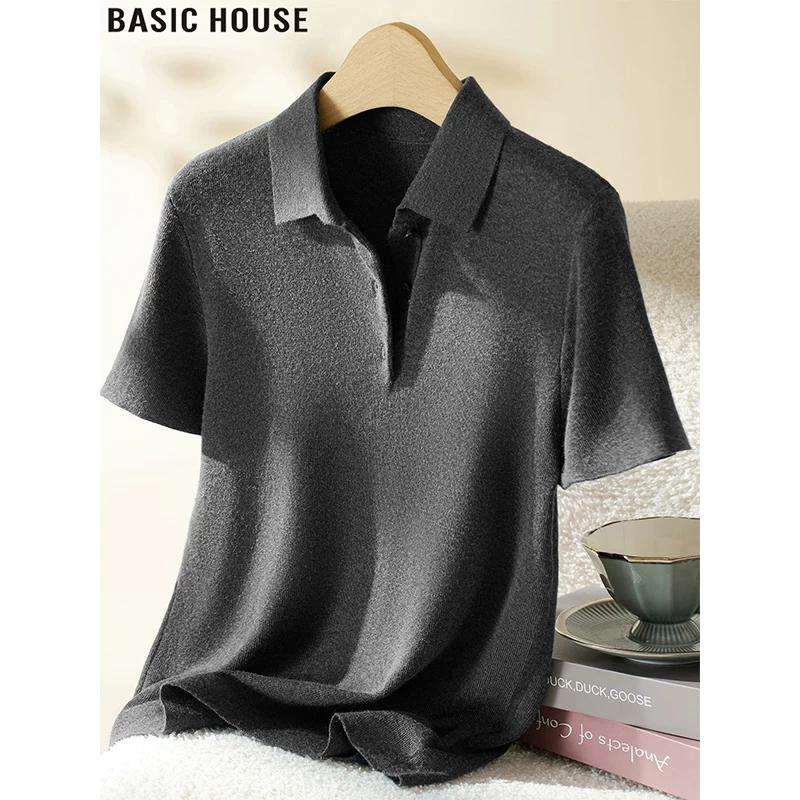 Basic House Women s Lapel Knit Short-Sleeve T-shirt XL