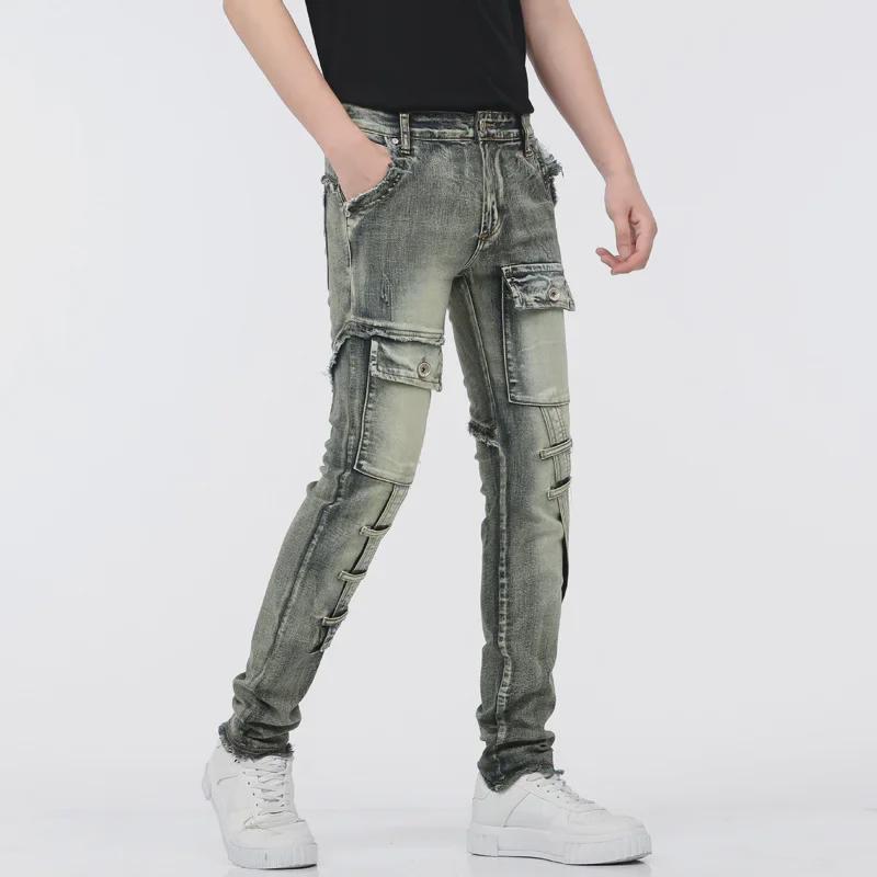 Men's Trendy Slim-Fit Stretch Jeans - Retro Motorcycle Style Skinny Work Pants for Spring and Autumn