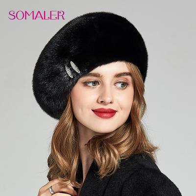 Winter Genuine Mink Fur Beret Hats for Women Warm Elegant Integral-fur Hats with Decoretion