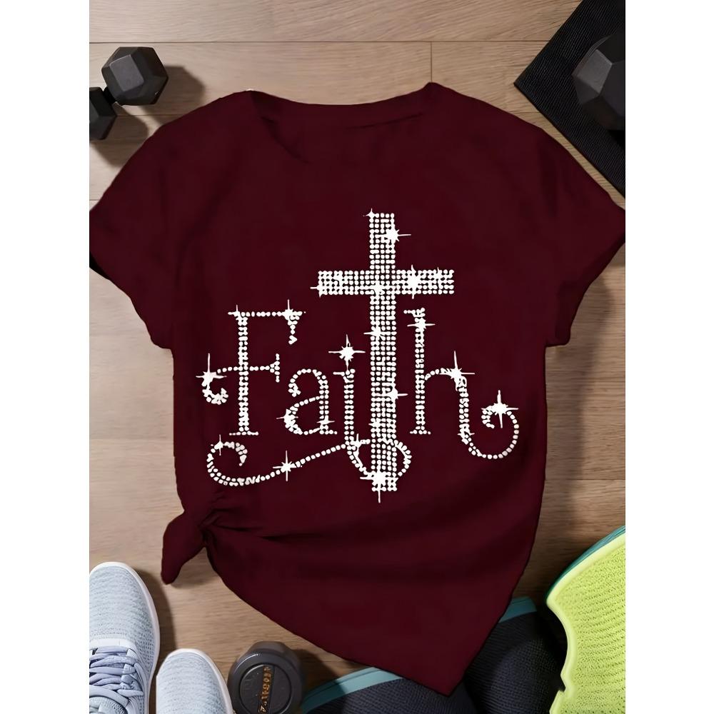 Women Cotton Short Sleeves T-shirts Faith Cross Rhinestone Women's Tee Christian Religious Graphic Black Top