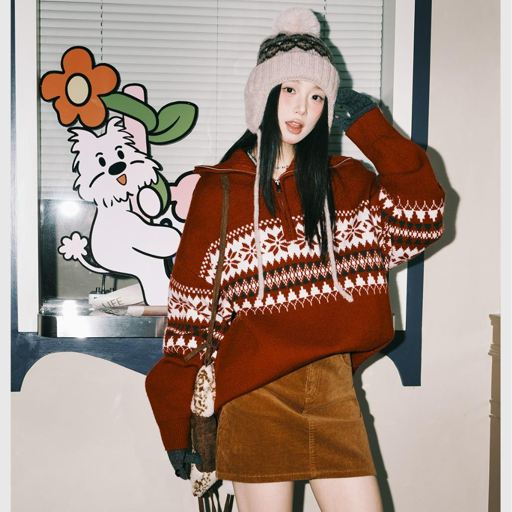 

Unisex Fair Isle Red Half-Zip Sweater: Autumn/Winter Knitwear for Christmas & New Year M червоний