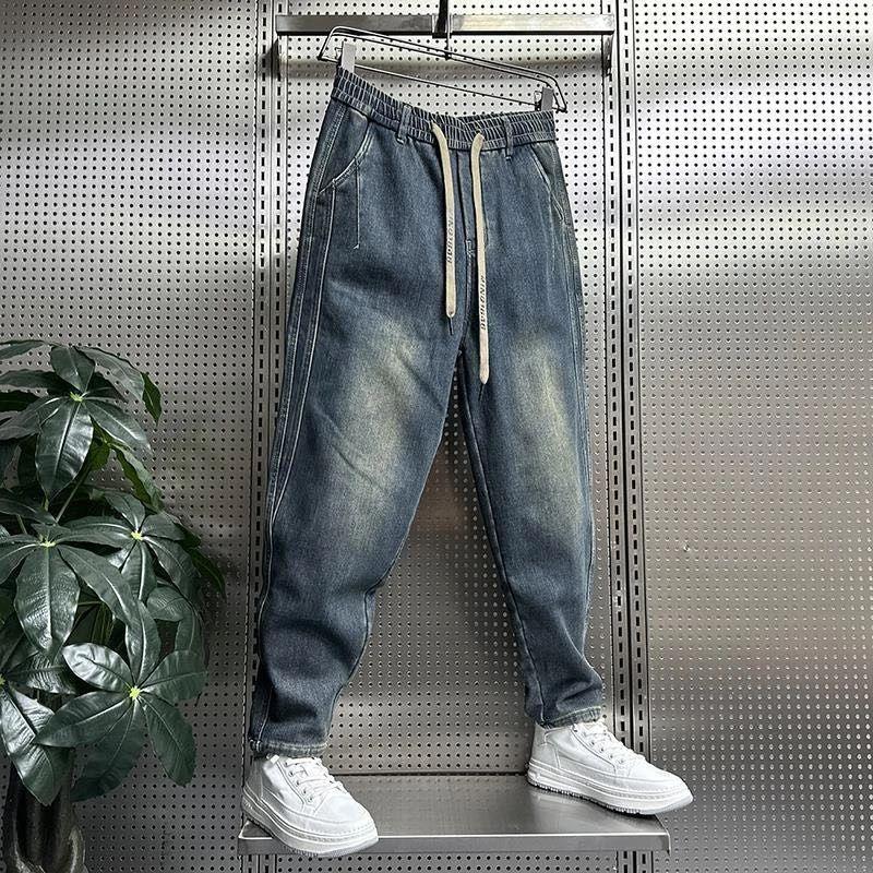Calça Jeans Masculina JYL Nova Versátil Reta Solta Cropped Patchwork High Street Rasgada Denim