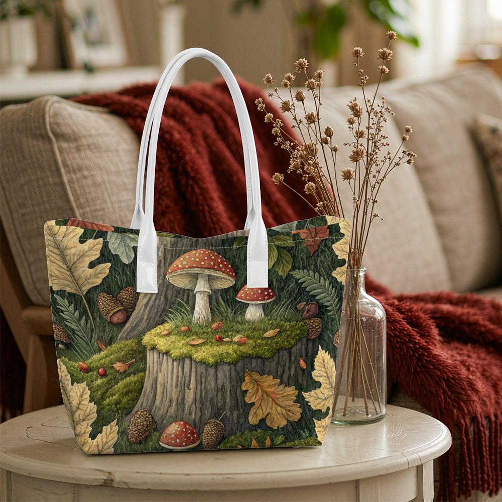 Forest Mushroom Print Casual Shoulder Tote Bag For Outdoor Daily Shopping
