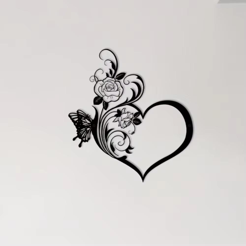 1 Stück Metall Rose Schmetterling Blume Liebesform Wandschild - Schwarz. Kleines Familienliebe-Schild. Hauptwand-Dekor. Wandaufkleber. Kunstwerk.