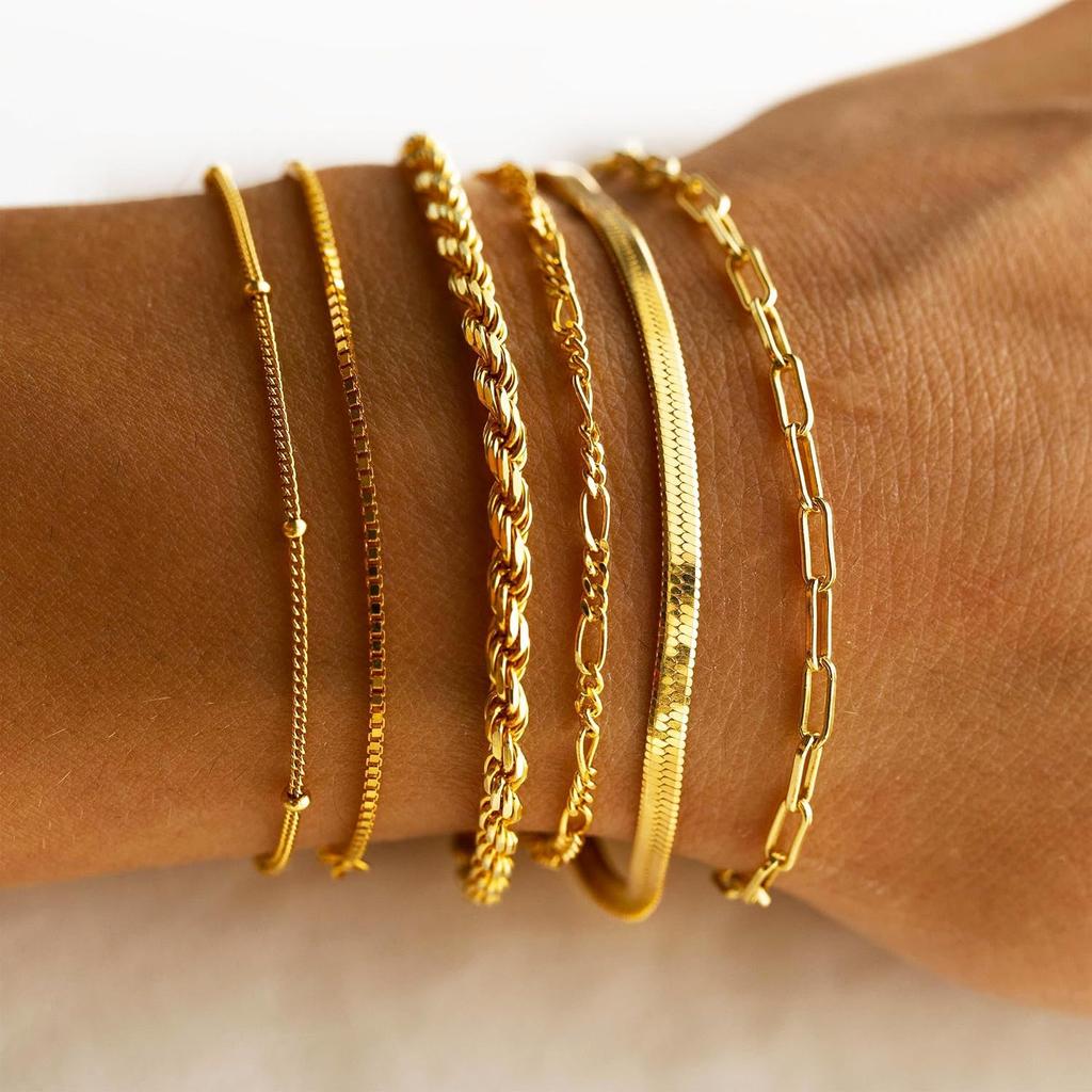 Gold Bracelets Sets for Women Waterproof | Non Tarnish Gold Plated Cuban Paperclip Link Chain Stackable, Trendy Jewelry Accessories Gifts for Women
