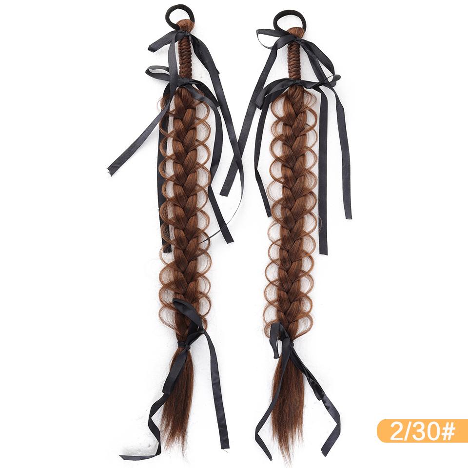 Ponytail Synthetic Wig Elastic Style Boxing Braid Wig with Ribbon Bow Hair Accessories Suitable for Ladies To Wear Daily