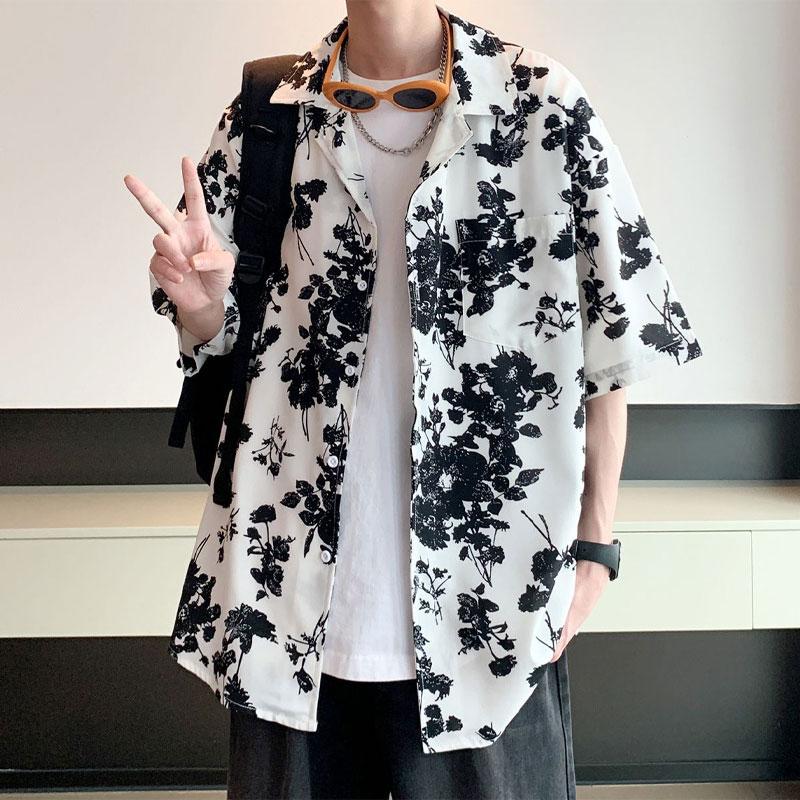 

Vintage Broken Flowers Printed Shirts Summer Polo-Neck Loose Men s Clothing Short Sleeve Fashion Casual Single-breasted Shirts L белый