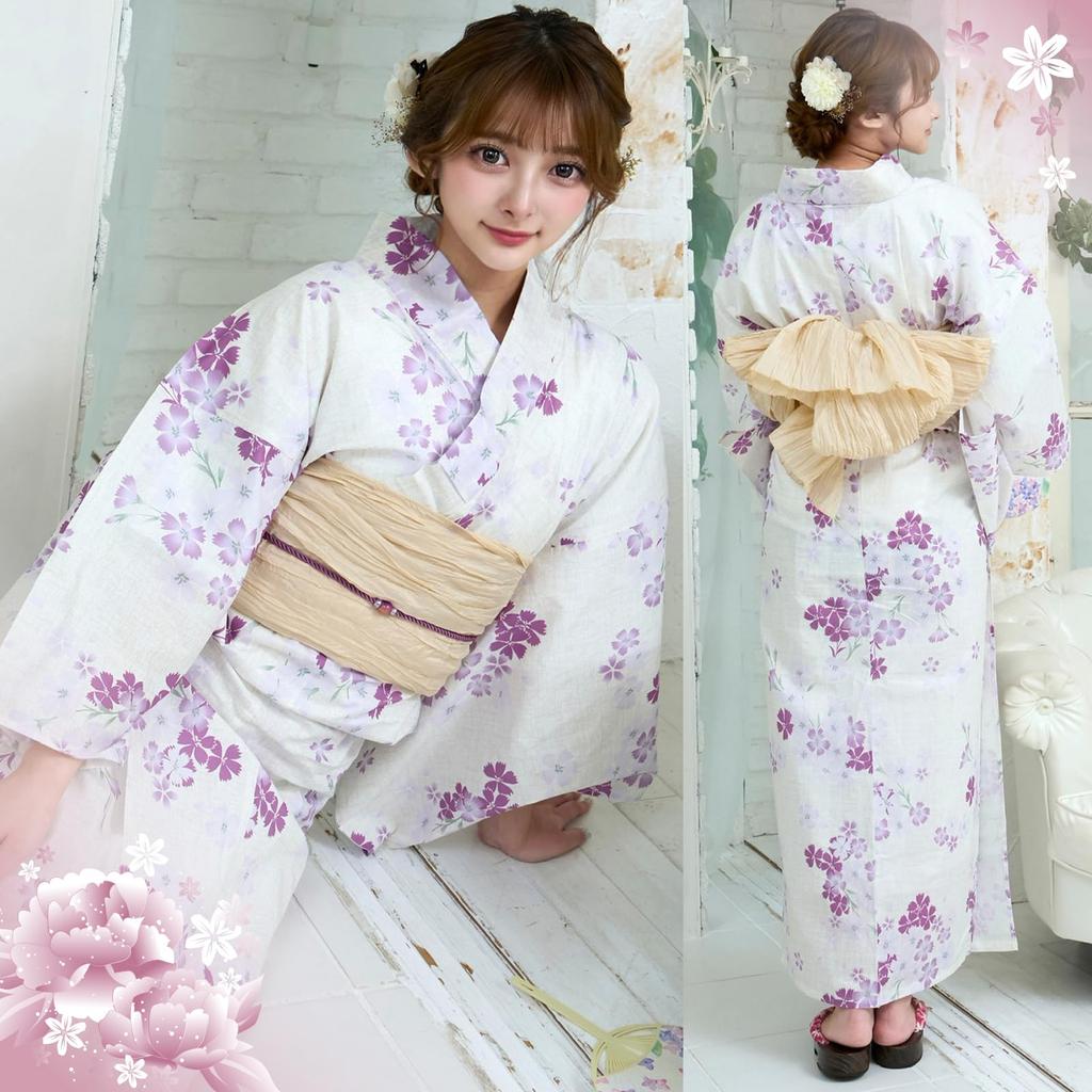 RAVIR Yukata Lovely Wisteria and Pink Fluffy Obi Belt and One Size Fits All Women's 3-Piece Set, Designs, Sandals, Cream,