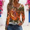 Women Plus Size Asymmetric Cutout Neck Cold Shoulder Long Sleeve Halloween Ghost Pumpkin Printed White Top