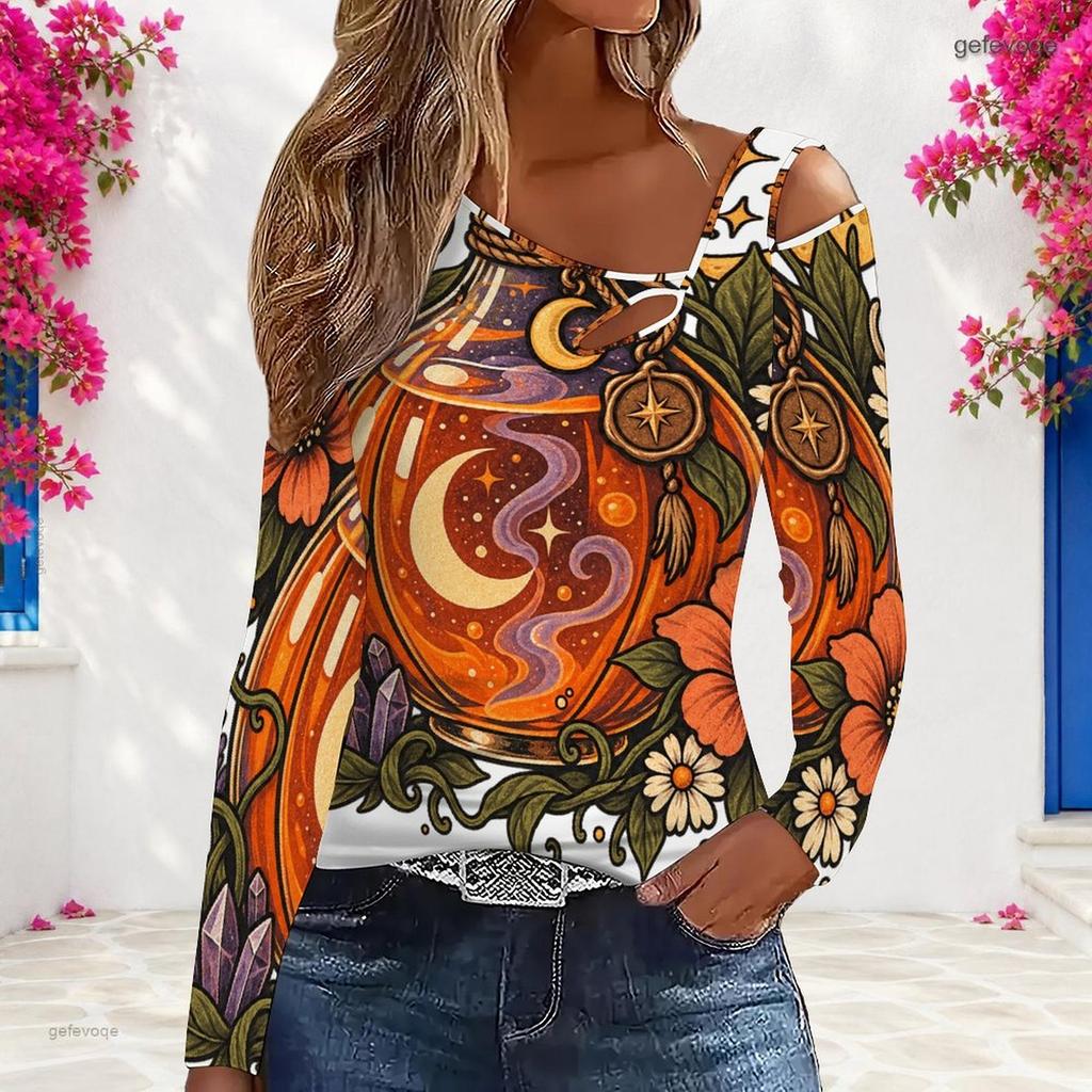 Women Plus Size Asymmetric Cutout Neck Cold Shoulder Long Sleeve Halloween Ghost Pumpkin Printed White Top