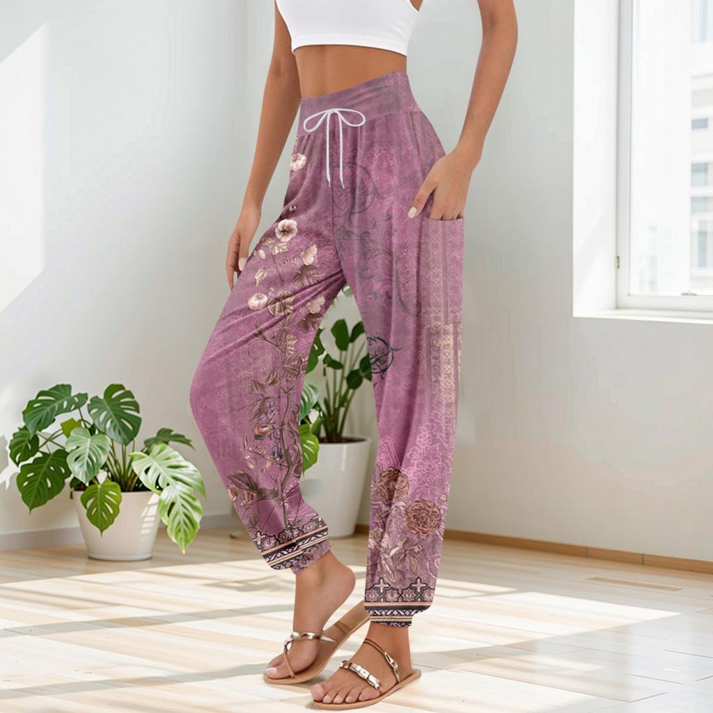 Women's Pocket Drawstring Trousers High Waist Yoga Retro Print Casual Pants