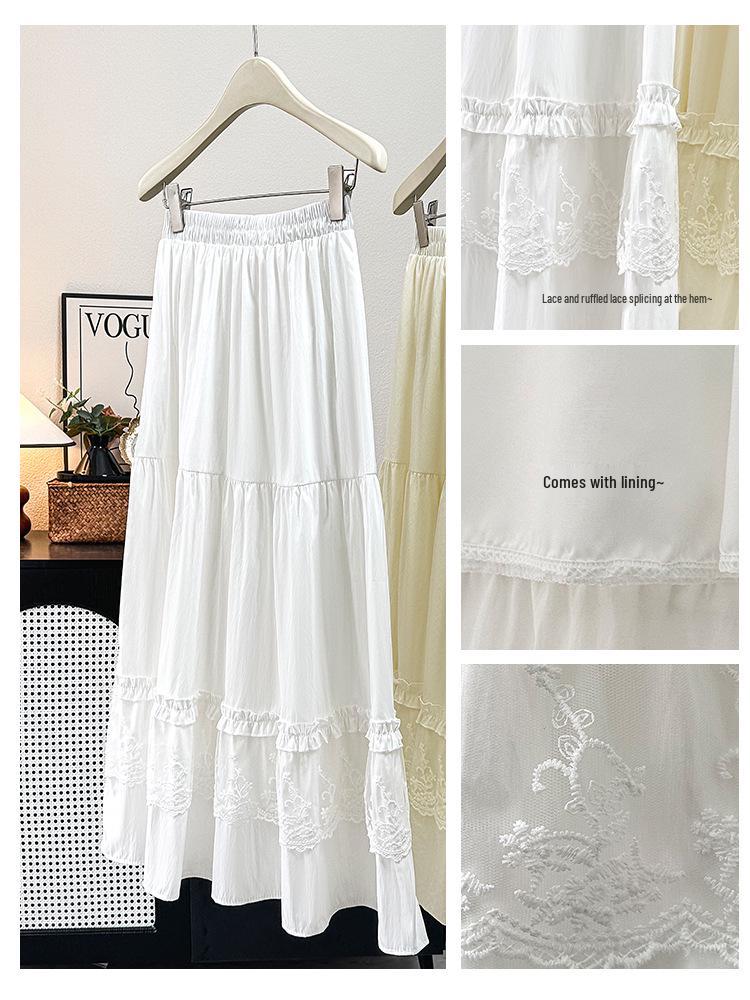 Elegant Lace-Trimmed White Midi Skirt for Women - Spring/Summer 2026 Collection, Slimming Layered Cake Design