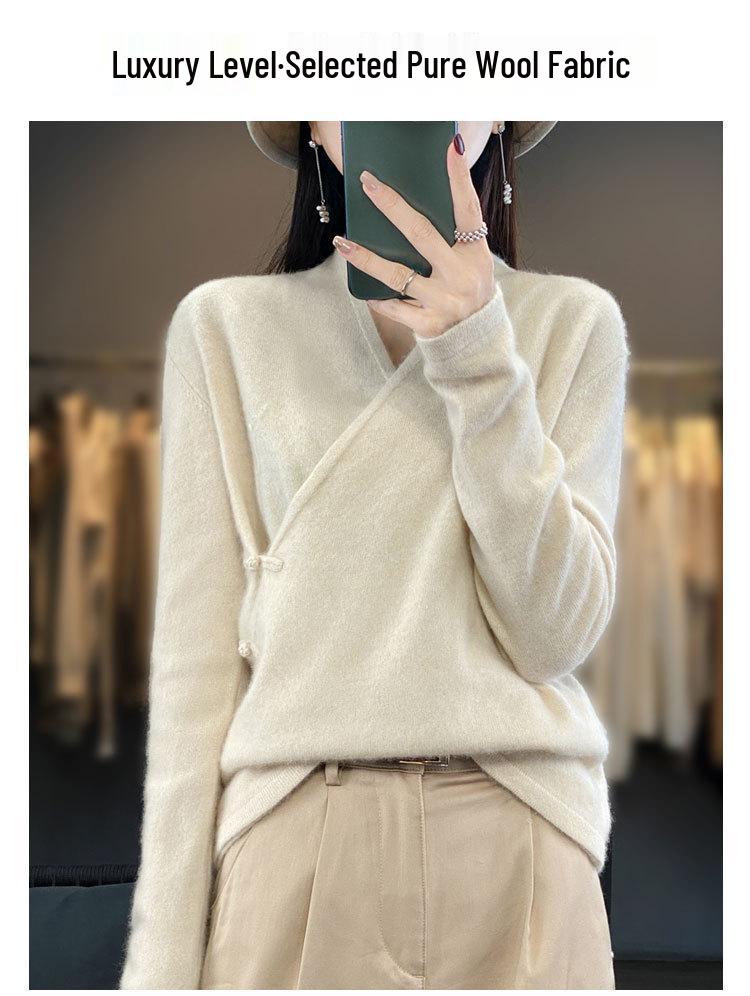 100% Pure Wool Women's Cross-Button Sweater - Trendy Autumn/Winter Base Layer Cashmere