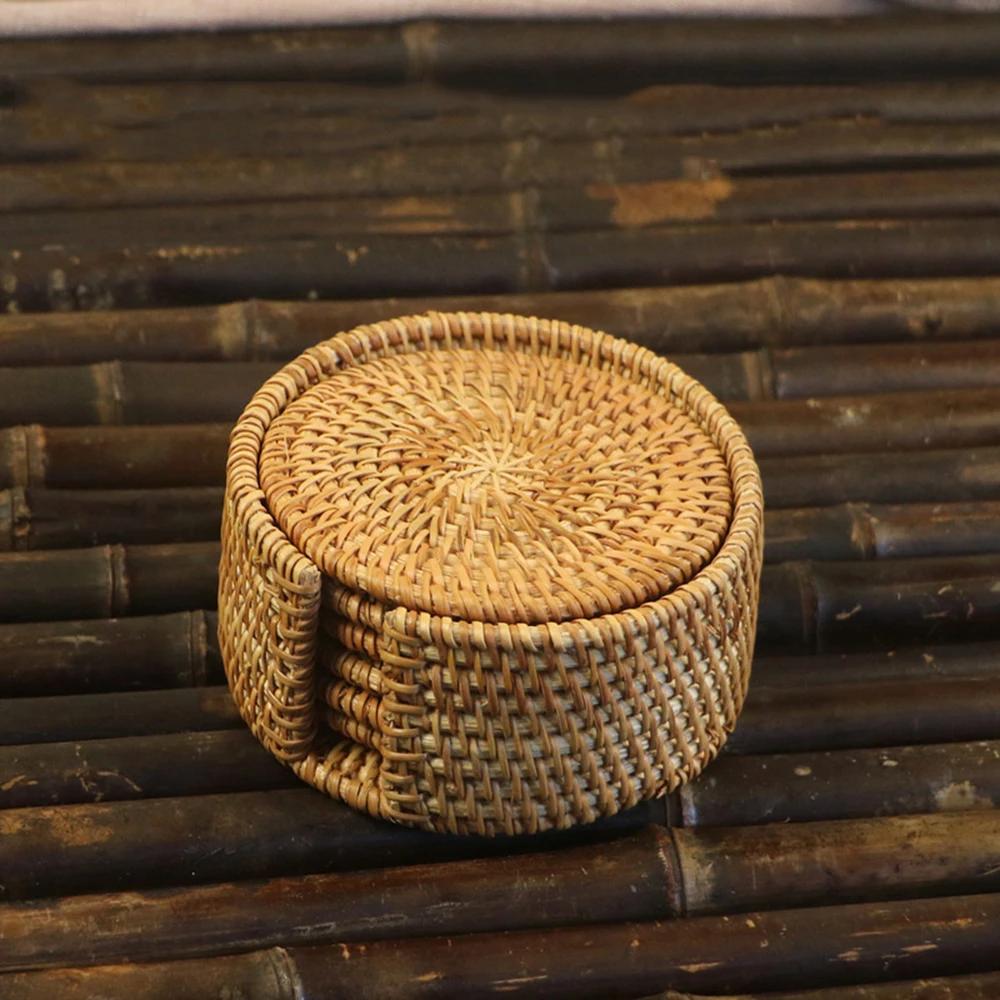 Retro Rattan Coaster Table Natural Woven Rattan Cup Coaster Drink Mug Pot Tea Coffee Placemat Handmade Kitchen Accessories