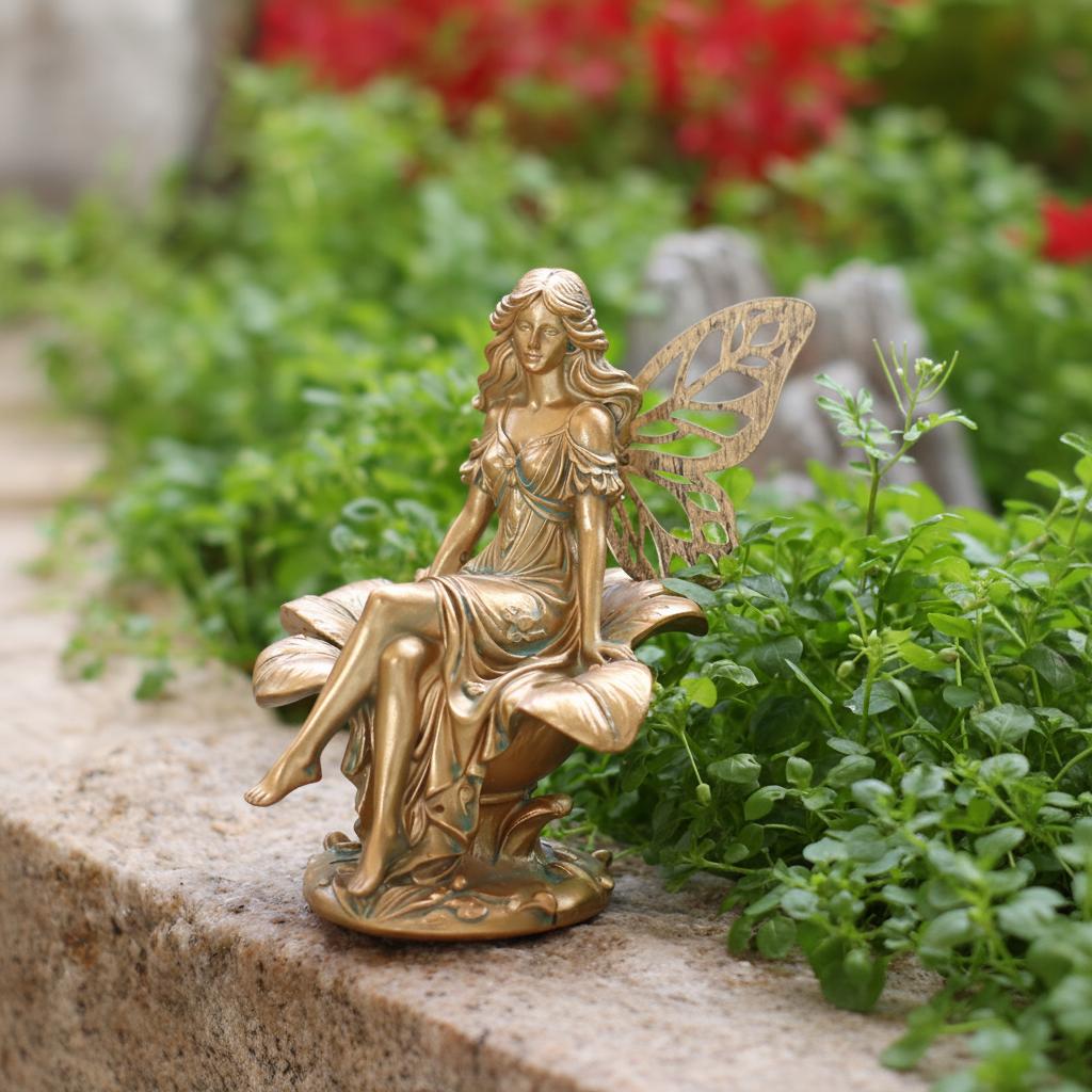 Resin Flower Fairy Statue Sitting On Flower For Spring Summer Outdoor Garden Decoration Yard Lawn Ornament