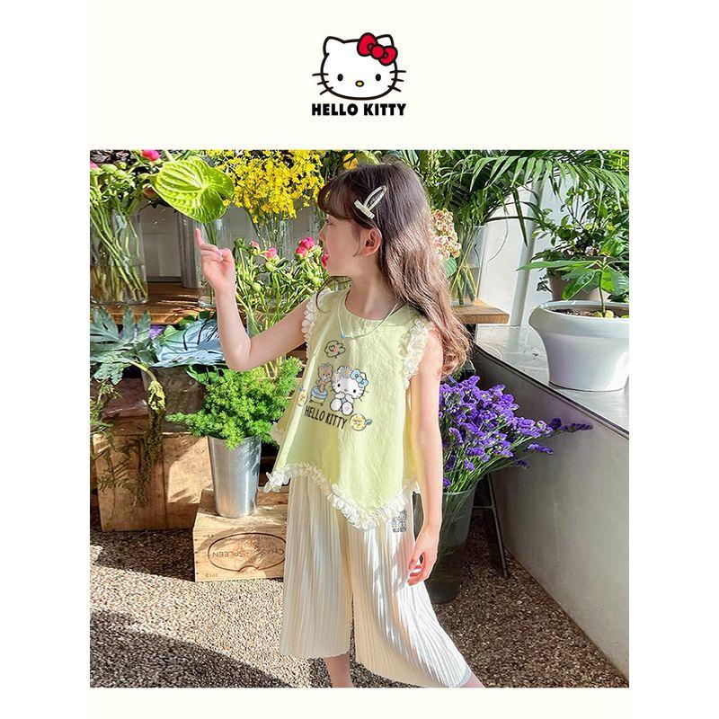 Hellokitty Girls Summer Suit 2025 New Lace-Edged Short-Sleeved Draped Pants Kidsren's Summer Two-Piece Set