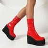 Foam Light-weight Sole Platform Wedges High Heels Girls Shoes Gloss Patent PU Leather Red White Ankle Stretch Booties Gothic Women Black Boots