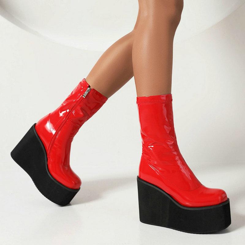 Foam Light-weight Sole Platform Wedges High Heels Girls Shoes Gloss Patent PU Leather Red White Ankle Stretch Booties Gothic Women Black Boots